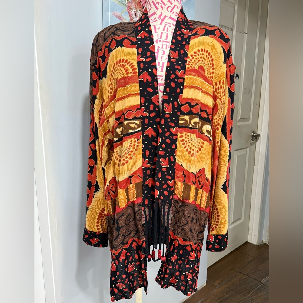 Carole Little Vintage 90s Crinkle Rayon‎ Kimono Batik Art to Wear Jacket Size 8